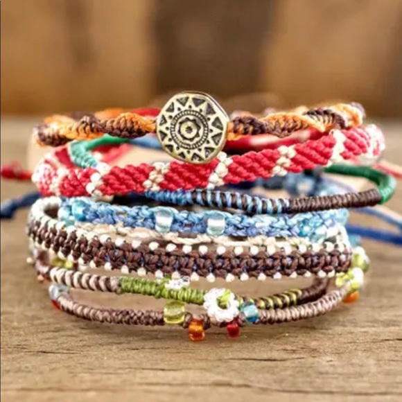 Brand New Colorful Glass Beaded Macrame Bracelets (Set of 7), "Boho Histories" - Picture 1 of 5